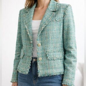 Michael Kors Tweed Jacket Blazer – Size 2 – Turquoise Fringe Trim